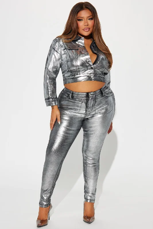 She Shimmers Foil Denim Jacket - Black/Silver