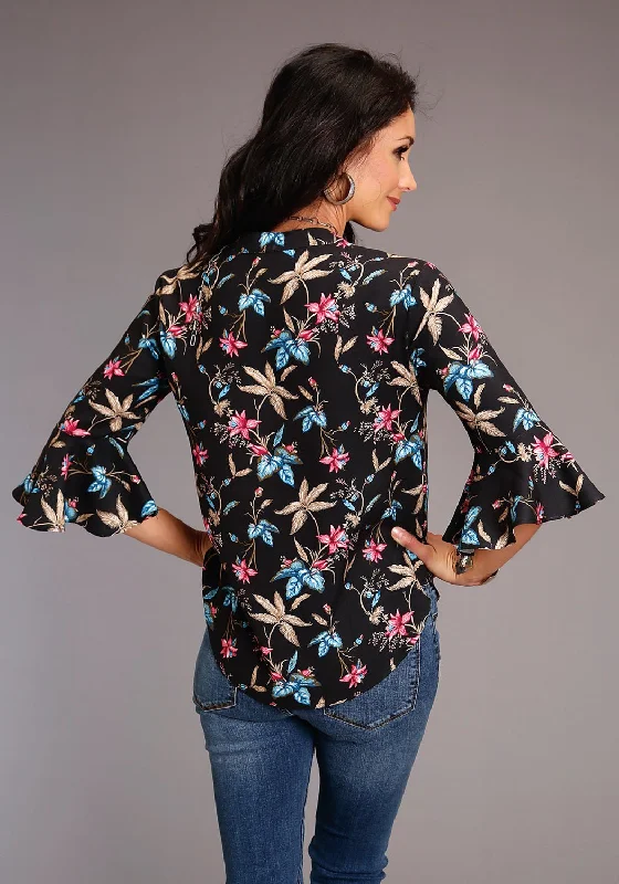 Stetson Womens Black Rayon/Nylon Feather Floral S/S Blouse