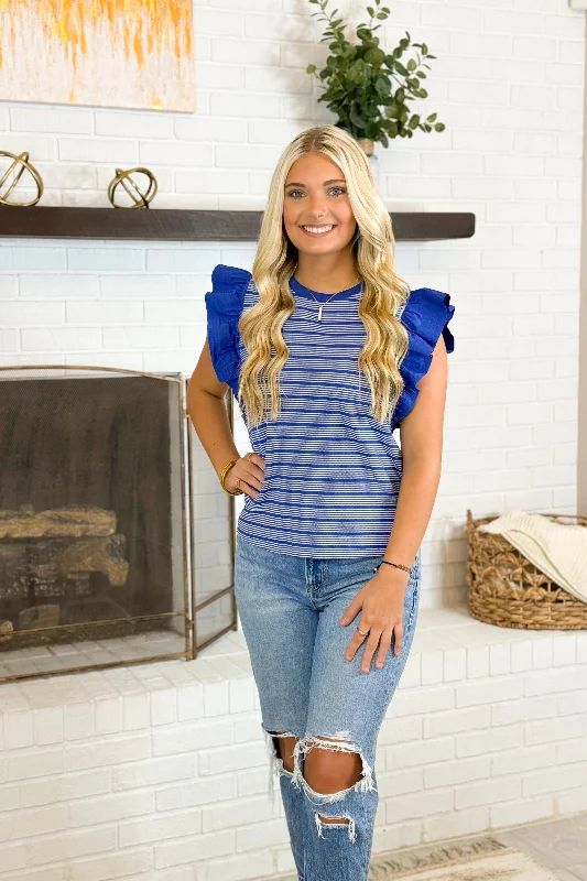 Blue Mixed Media Striped Knit Top