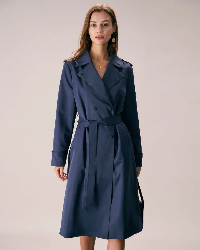 The Blue Lapel Double Breasted Pockets Coat