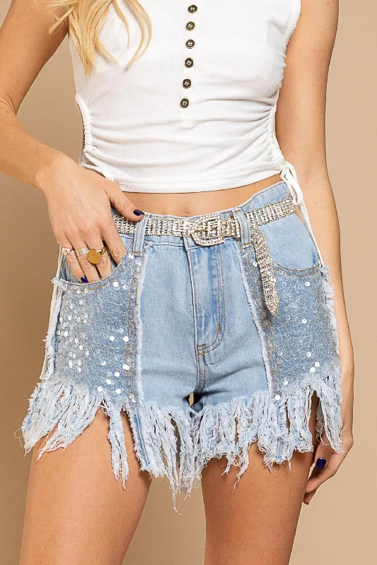 Till Forever Sequin Shorts In Light Wash