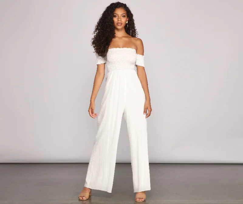 Vacay Bound Off The Shoulder Smocked Jumpsuit