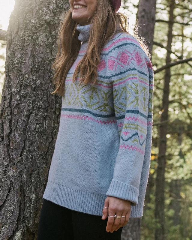 Whimsical Recycled Oversized Polo Neck Knitted Sweater - Homespun Stripe Blue Fog