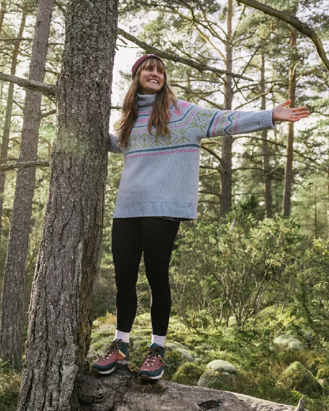 Whimsical Recycled Oversized Polo Neck Knitted Sweater - Homespun Stripe Blue Fog