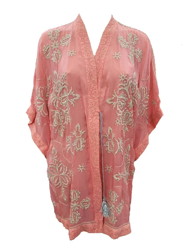 Women's Dorothea Tassle-Tie Embroidered Kimono In Coral