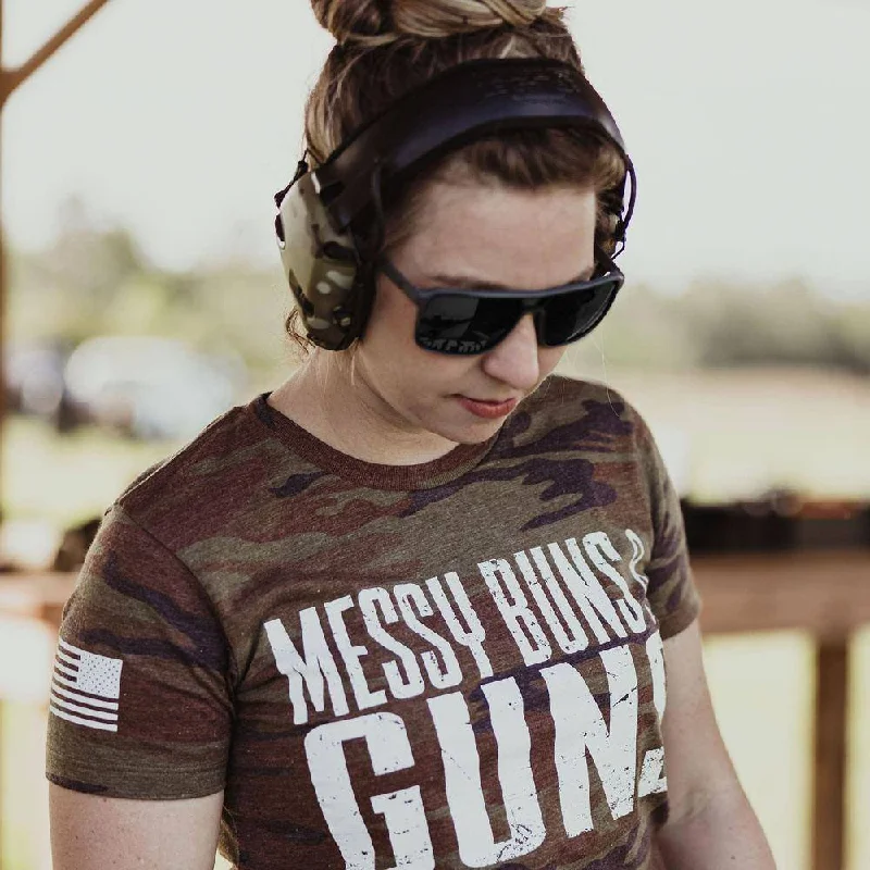 Women's Messy Buns & Guns T-Shirt - Woodland Camo