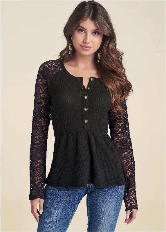 Waffle and lace peplum top - Black