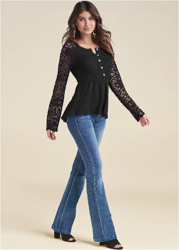 Waffle and lace peplum top - Black