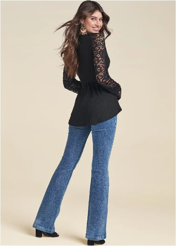 Waffle and lace peplum top - Black