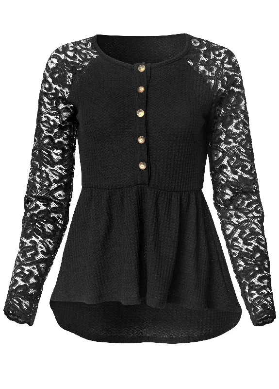 Waffle and lace peplum top - Black