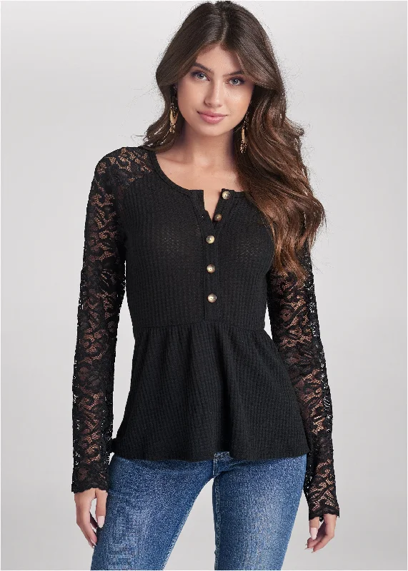 Waffle and lace peplum top - Black