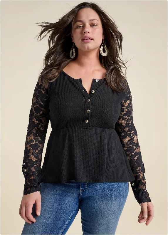 Waffle and lace peplum top - Black