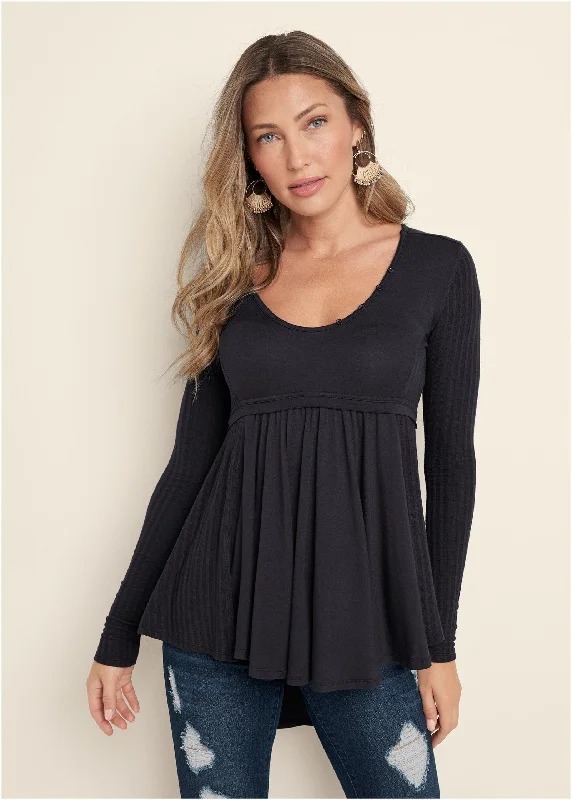 High low ribbed henley casual top - Black