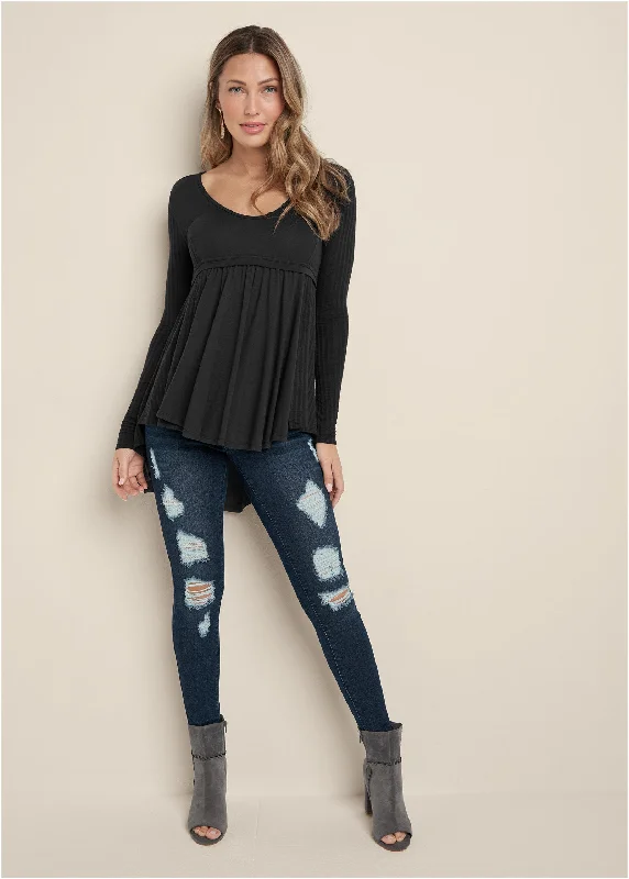 High low ribbed henley casual top - Black