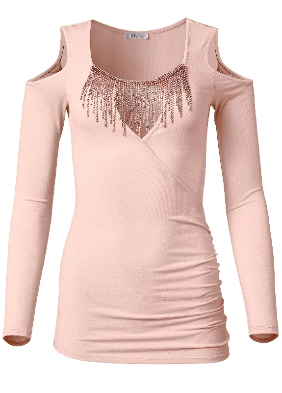 Rhinestone trim cutout top - Blush