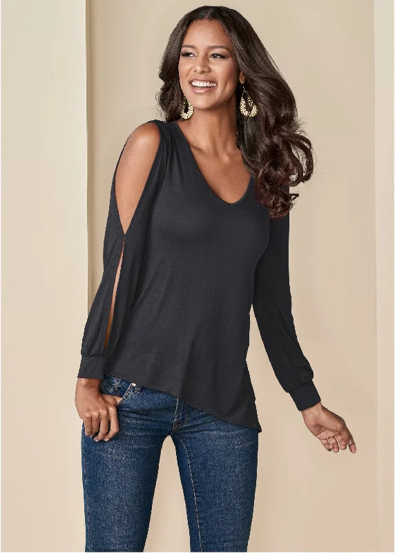 V-neck cold-shoulder top - Black