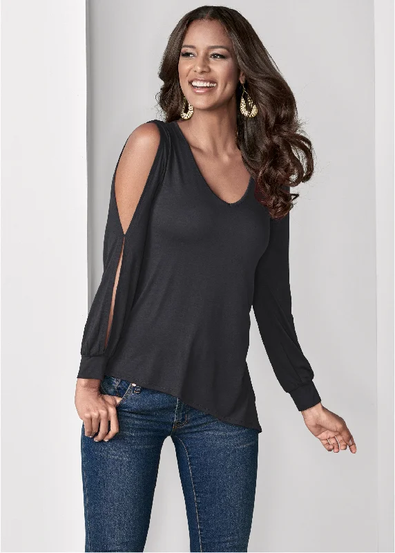 V-neck cold-shoulder top - Black