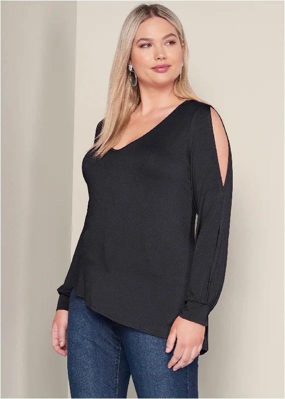 V-neck cold-shoulder top - Black