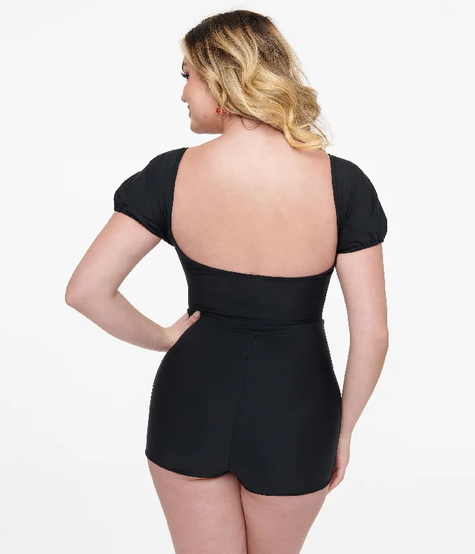 1950s Black Bow Romper Swimsuit