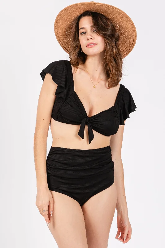 Black Ribbed Ruffle Shoulder Front Tie High Waist Two-Piece Swimsuit