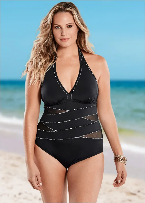 Peek-a-boo halter one-piece - Black & White