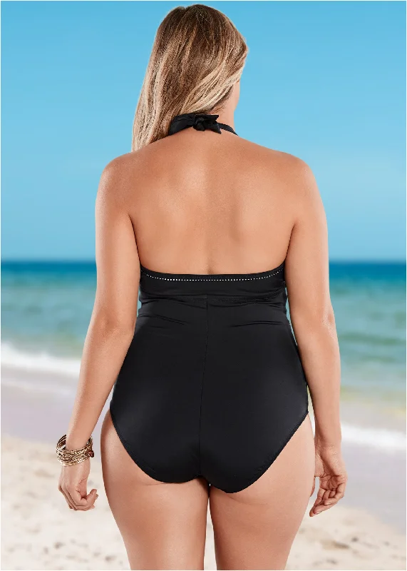 Peek-a-boo halter one-piece - Black & White