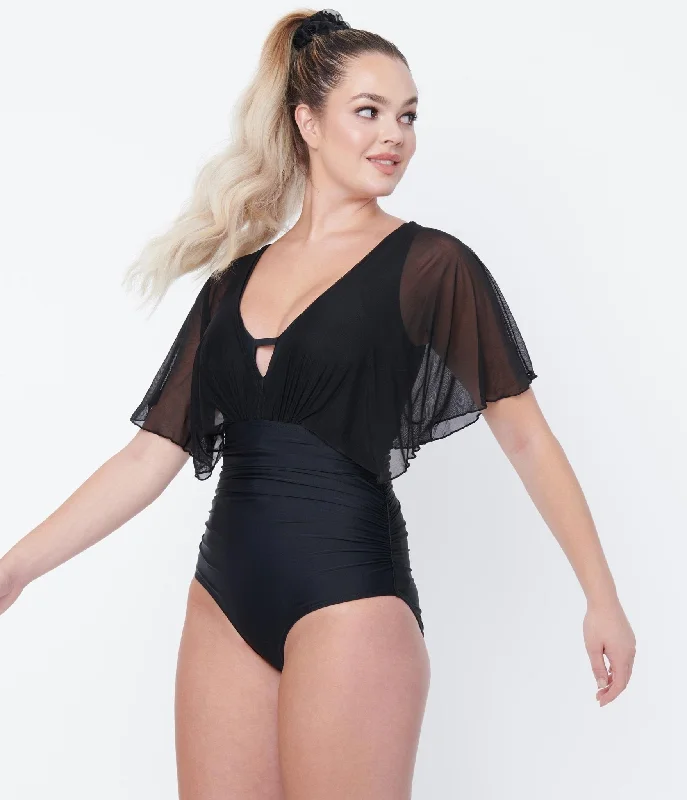 Unique Vintage Black Mesh Sleeved Torrey Swimsuit