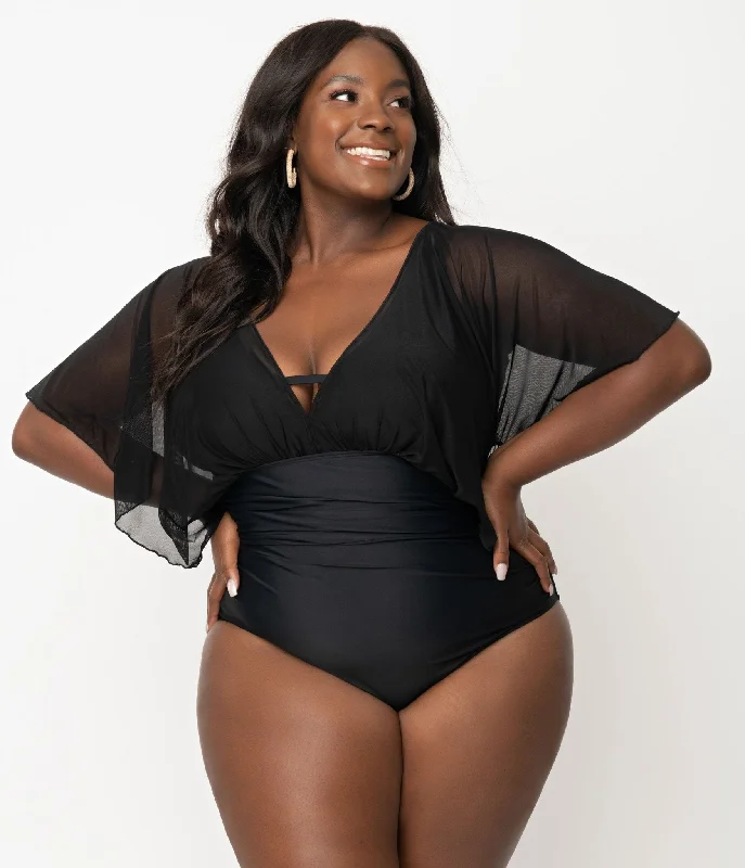 Unique Vintage Plus Size Black Mesh Sleeved Torrey Swimsuit