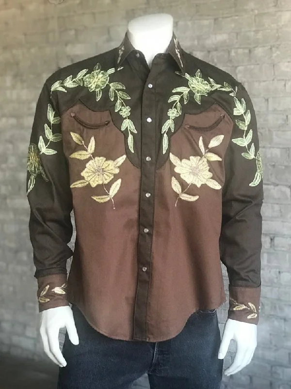 Rockmount Mens Brown 100% Cotton Floral Two-Tone Gold L/S Shirt