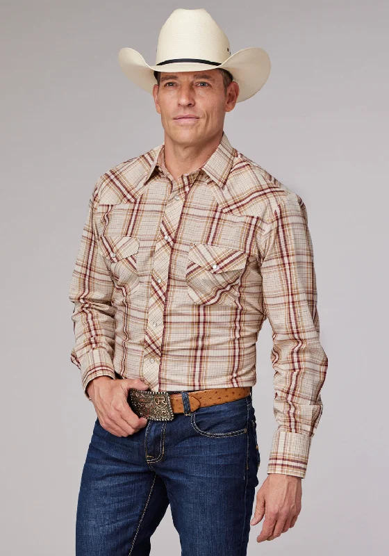 Roper Mens 2063 Plaid Tan/Wine Cotton Blend L/S Shirt