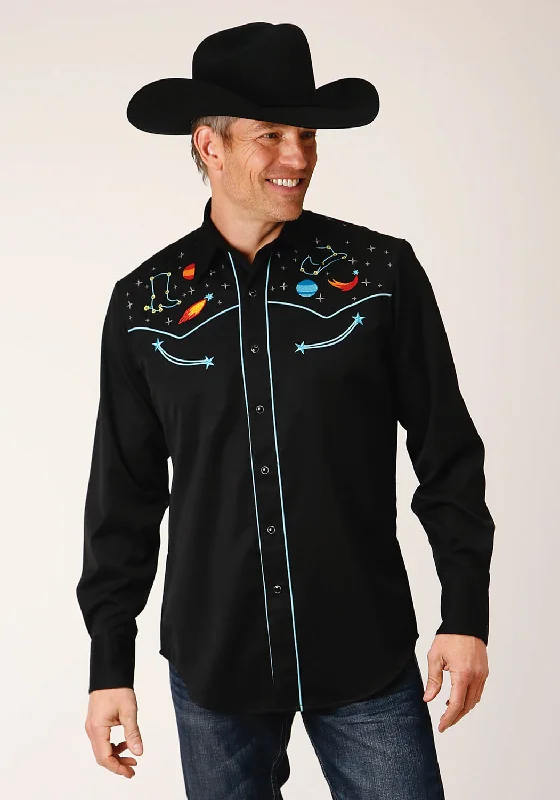 Roper Mens Space Cowboy Black Poly/Rayon L/S Shirt XL