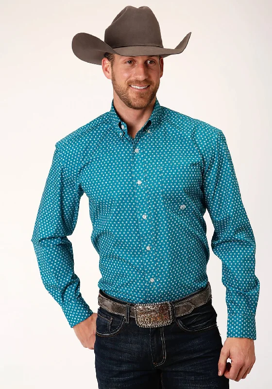 Roper Mens Teal 100% Cotton Mini Foulard BD L/S 1 Pkt Shirt