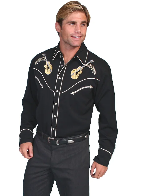 Scully Western Mens Black Polyester L/S Big Guitar Western Shirt