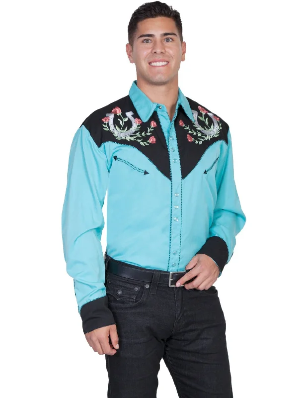 Scully Western Mens Turquoise Polyester L/S Big Horseshoe Western Shirt