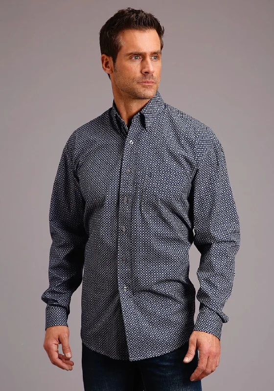 Stetson Mens Blue 100% Cotton Diamond Mini BD L/S 1 Pkt Shirt