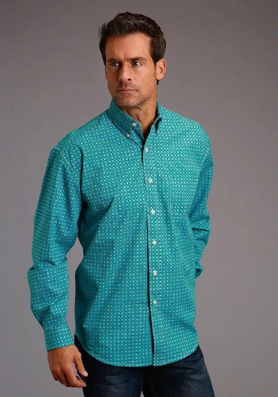 Stetson Mens Blue 100% Cotton Ringer Geo BD L/S 1 Pkt Shirt