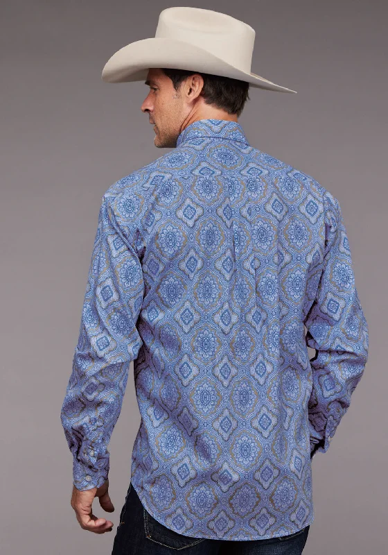 Stetson Mens Chambray Medallion Paisley Blue 100% Cotton 1 Pkt L/S Shirt