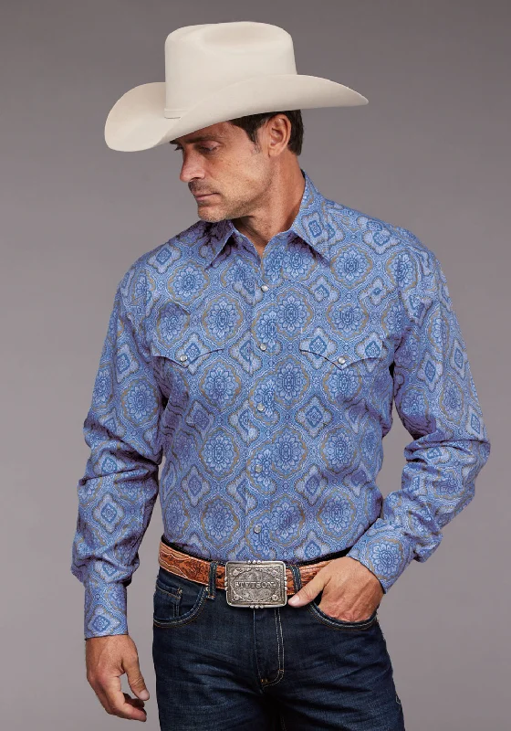 Stetson Mens Chambray Medallion Paisley Blue 100% Cotton L/S Shirt