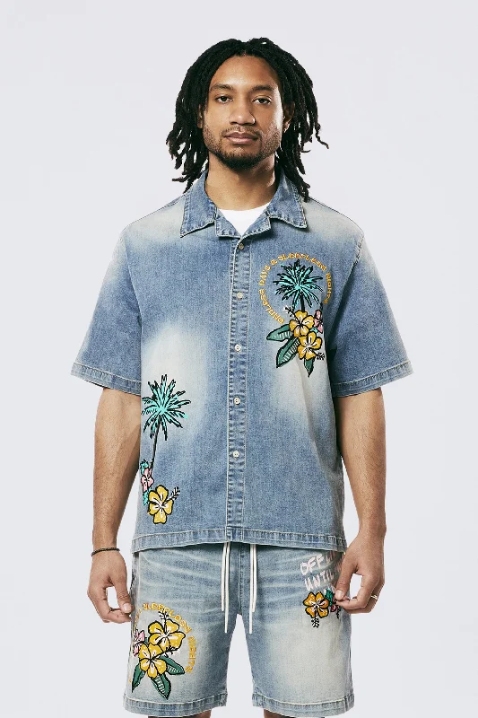 Tropical Doodle Denim Shirt - Malibu Blue