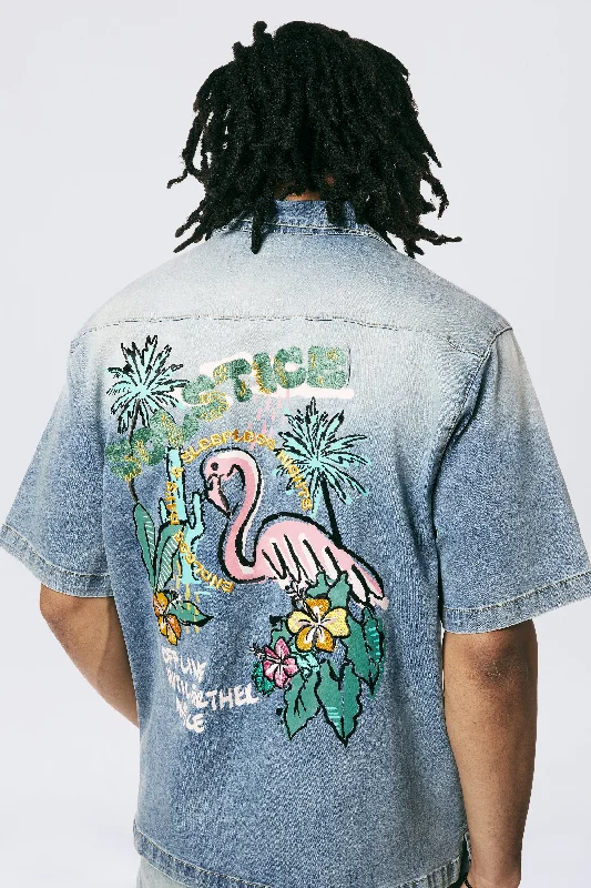 Tropical Doodle Denim Shirt - Malibu Blue