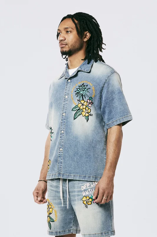 Tropical Doodle Denim Shirt - Malibu Blue