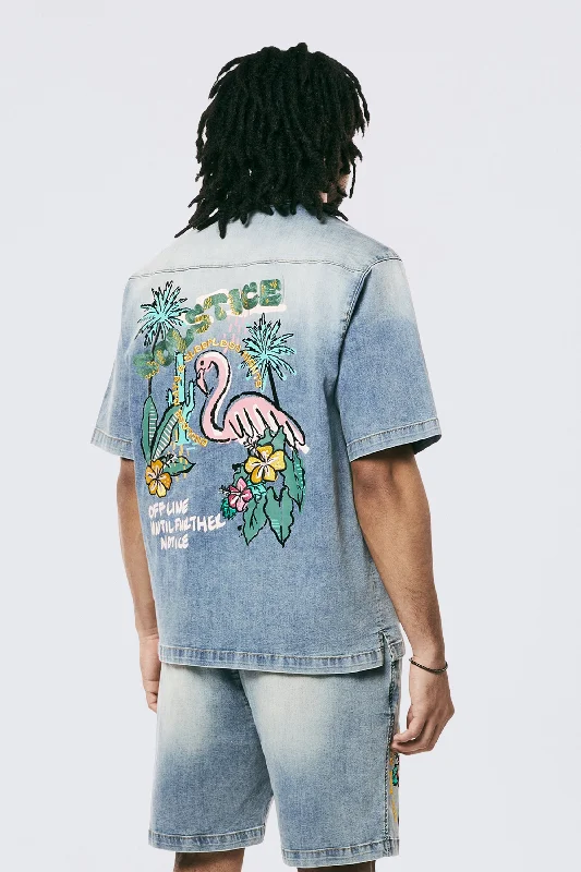 Tropical Doodle Denim Shirt - Malibu Blue