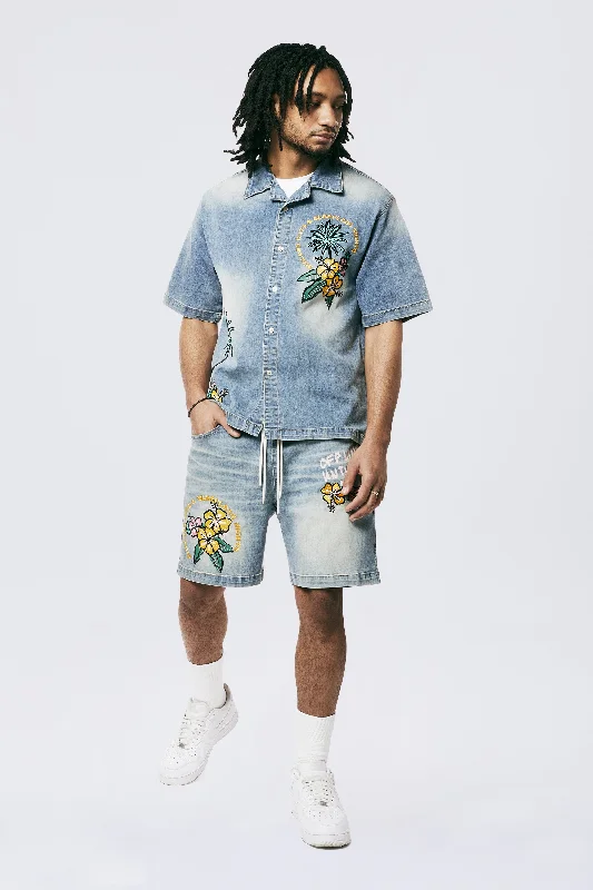 Tropical Doodle Denim Shirt - Malibu Blue