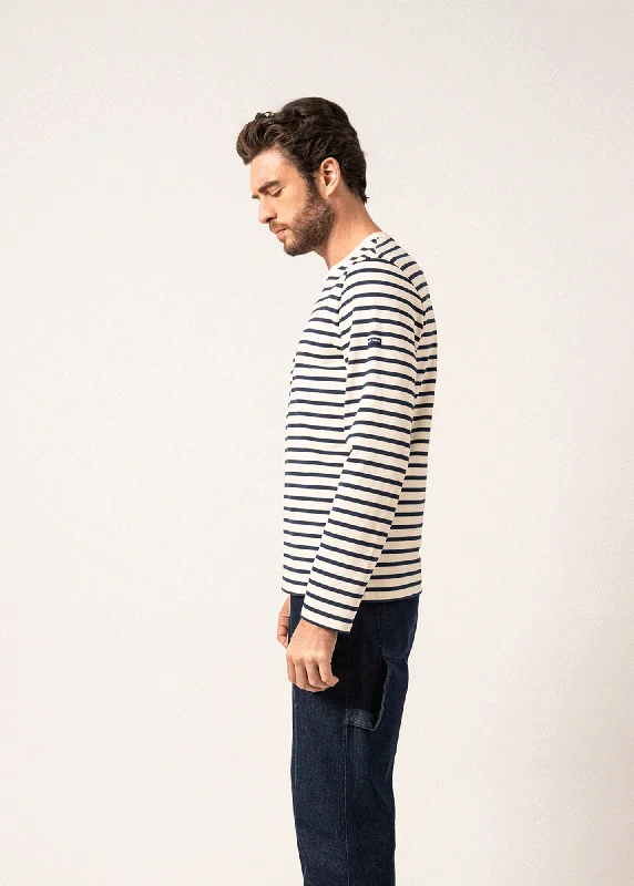 Valognes Round Neck Breton Shirt - in cotton interlock (ECRU/MARINE)