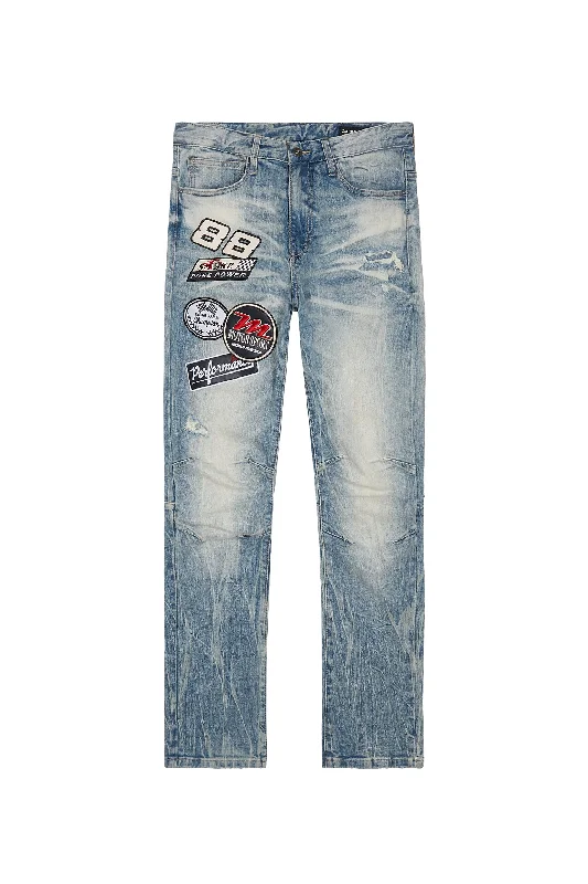 Embroidered Patched Racing Denim Jeans- Beacon Blue