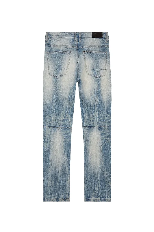 Embroidered Patched Racing Denim Jeans- Beacon Blue