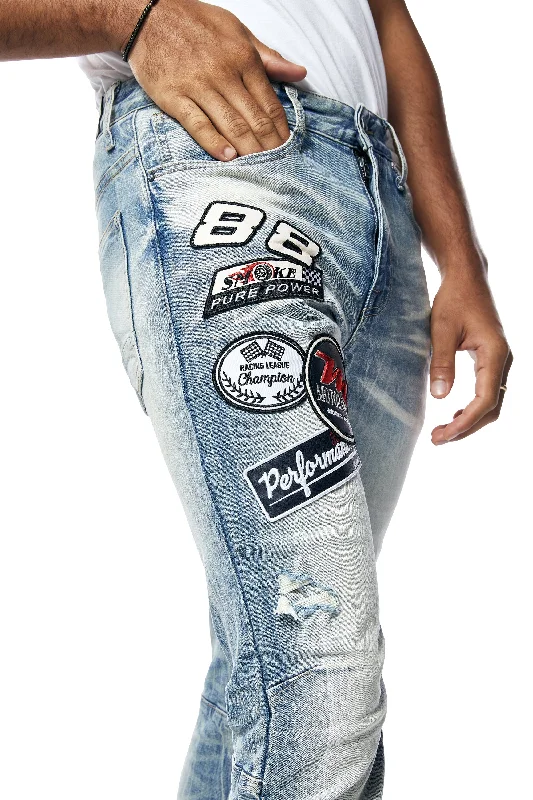 Embroidered Patched Racing Denim Jeans- Beacon Blue