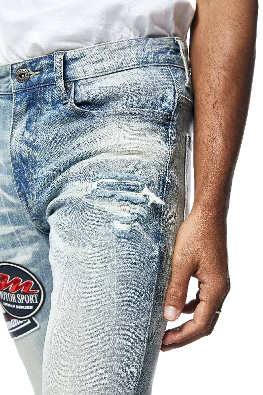 Embroidered Patched Racing Denim Jeans- Beacon Blue