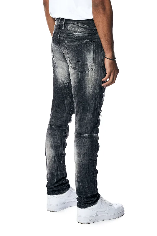 Embroidered Patched Racing Denim Jeans - Moon Black