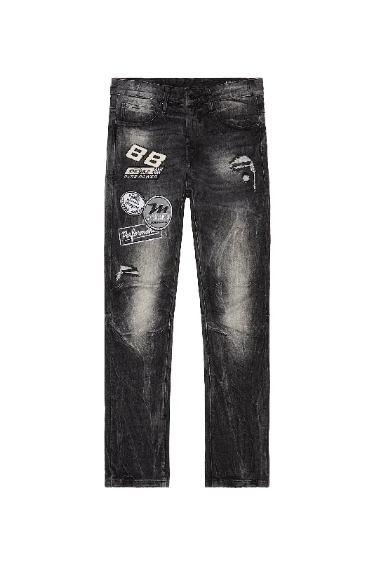 Embroidered Patched Racing Denim Jeans - Moon Black